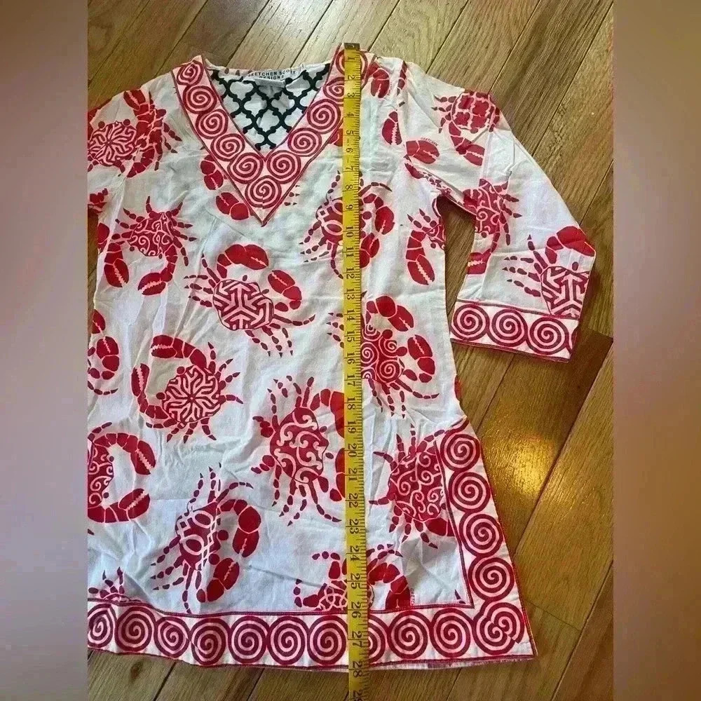 Gretchen Scott Tunic Top Womens Size XS 3/4 Sleeves Crab Print Red/White V Neck - Picture 10 of 10